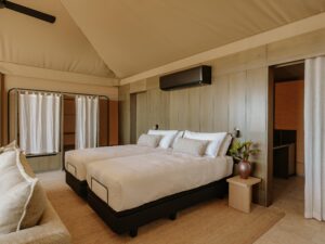 Twin bed configuration in an accessible luxury safari tent