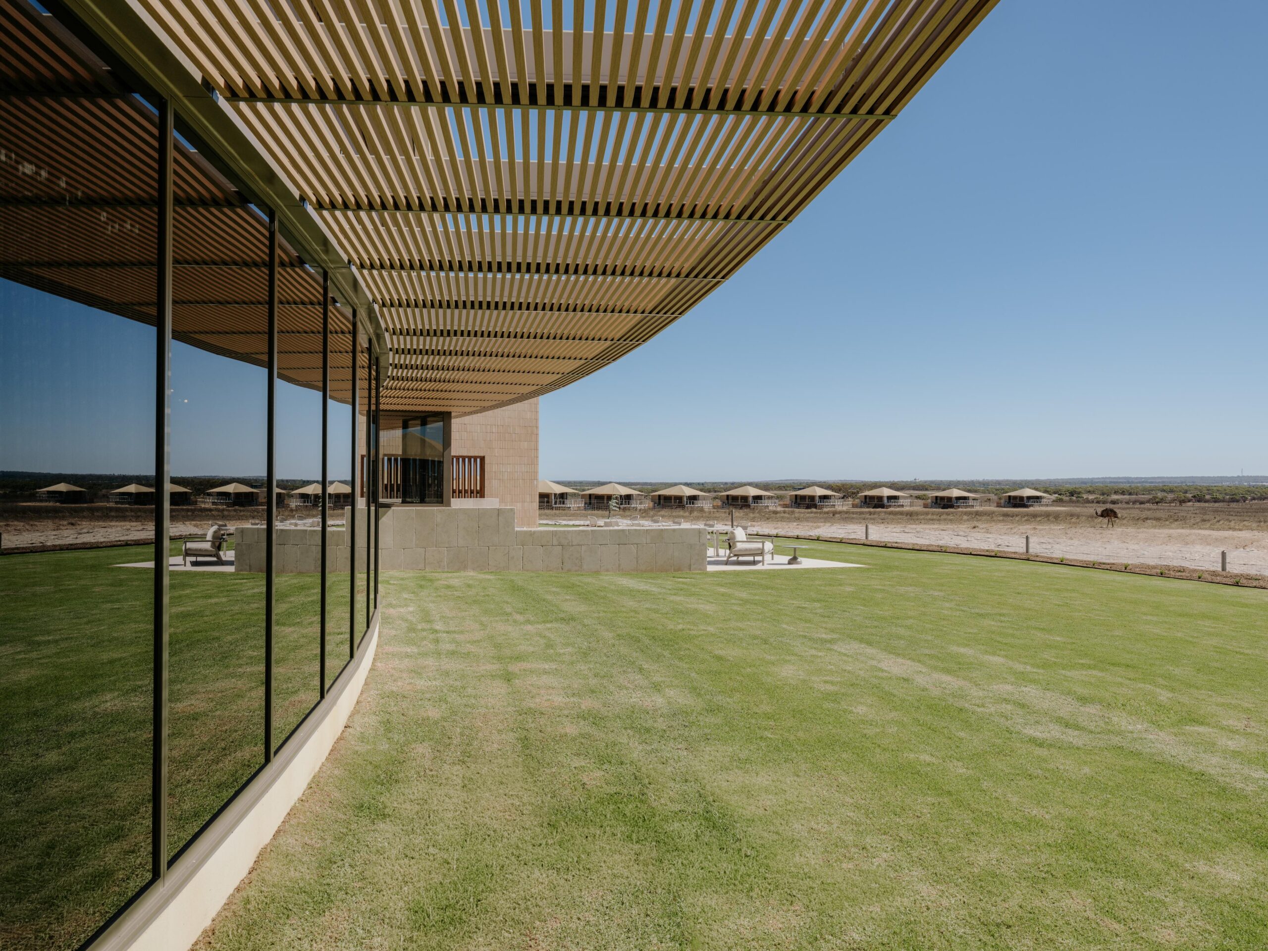 Outdoor lounge and grass area