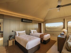 Luxury safari tent in a twin bed configuration