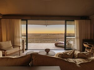 Sunset from inside a luxury safari tent